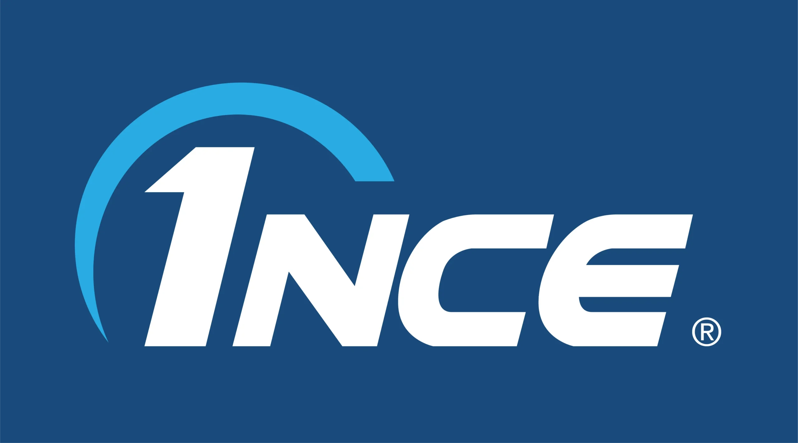 The image shows the 1NCE logo with white letters and a blue arc on a blue background.