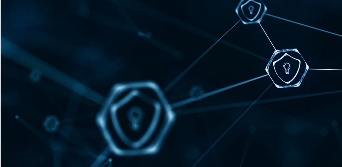 Abstract representation of a digital network with security padlocks connected by lines.