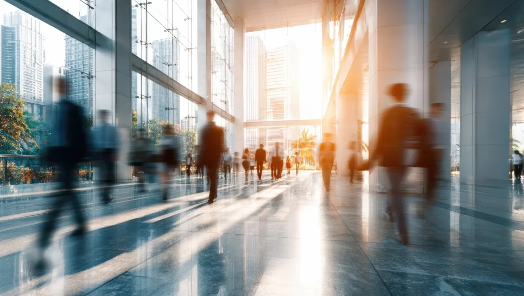 Blurred motion of people walking in a modern, sunlit glass building lobby.