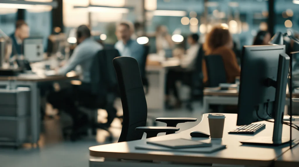 A modern office environment with desks, computers, and people working in the background.