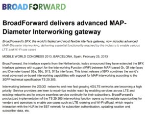 BroadForward announces the advanced MAP-Diameter Interworking gateway at Mobile World Congress 2013, emphasizing BFX's enhanced interface capabilities.
