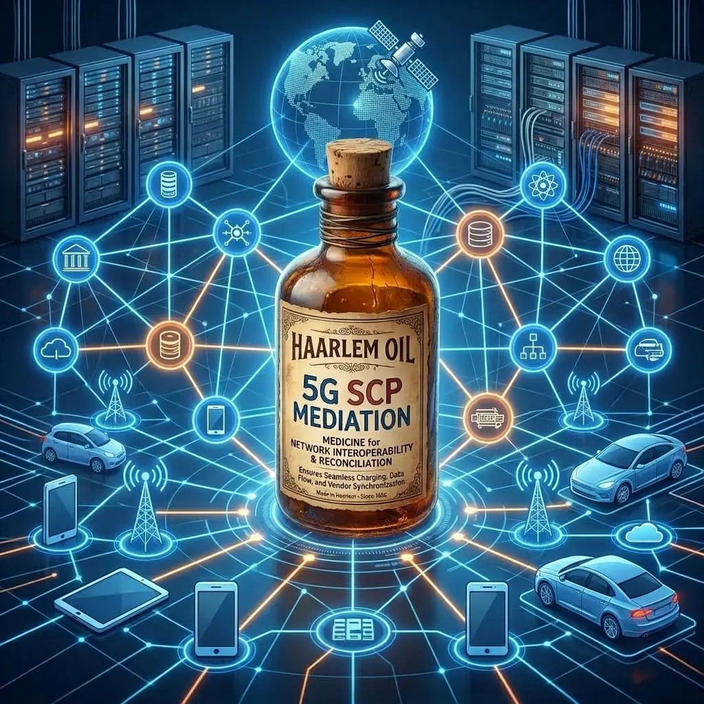 A bottle labeled "Haarlem Oil 5G SCP Mediation" surrounded by interconnected digital and technological icons.