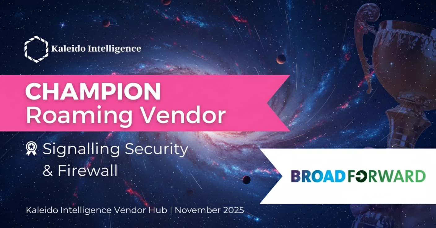 Award image featuring BroadForward as the Champion Roaming Vendor for Signalling Security & Firewall by Kaleido Intelligence, November 2025.