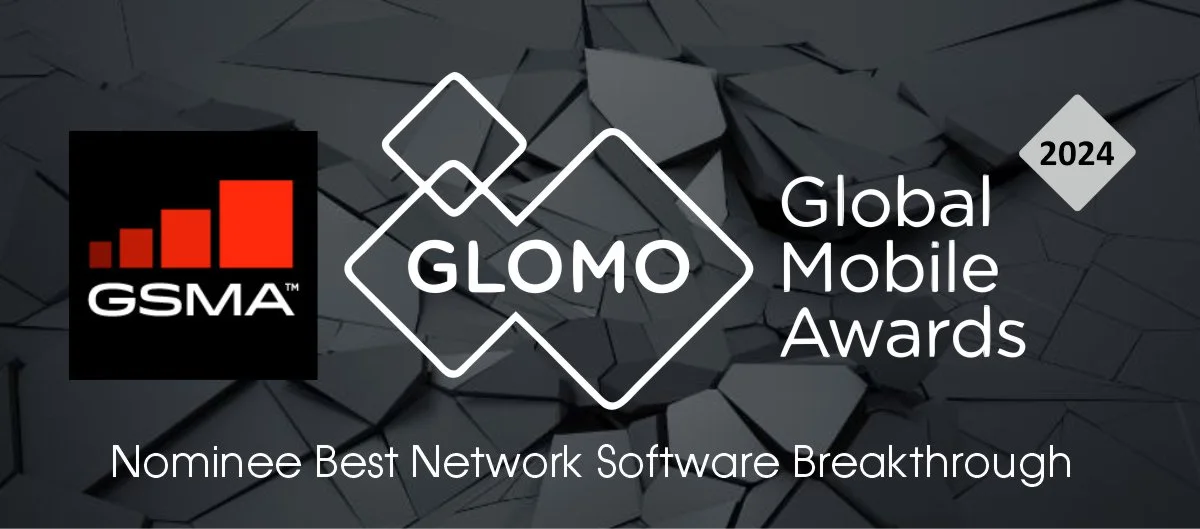 Nomination announcement for the 2024 GLOMO Awards, featuring the GSMA logo and the text "Nominee Best Network Software Breakthrough."