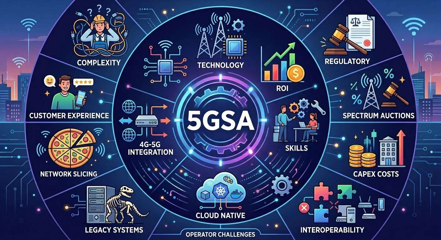 Illustration depicting various challenges and considerations in 5G network deployment, labeled with terms like complexity, technology, ROI, and interoperability.