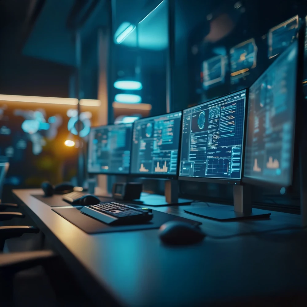 Multiple computer monitors displaying security-related data in a network operations center.