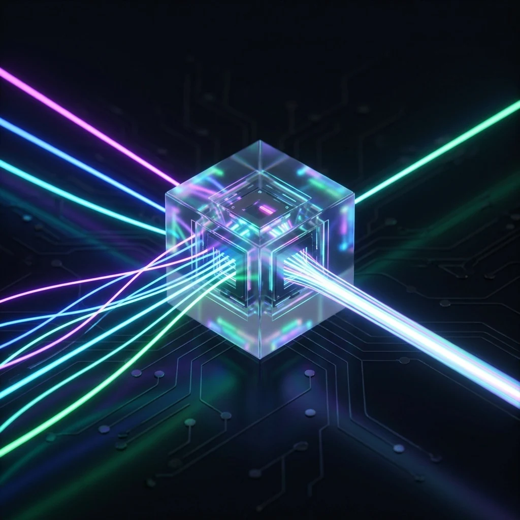 Abstract representation of BroadForward NP connectivity with colorful light beams emerging from a central cube.