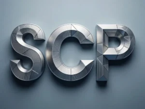 The image shows the letters "SCP" crafted from metallic geometric designs on a gray background.