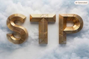 Gold "STP" letters with intricate geometric designs on a cloudy background.