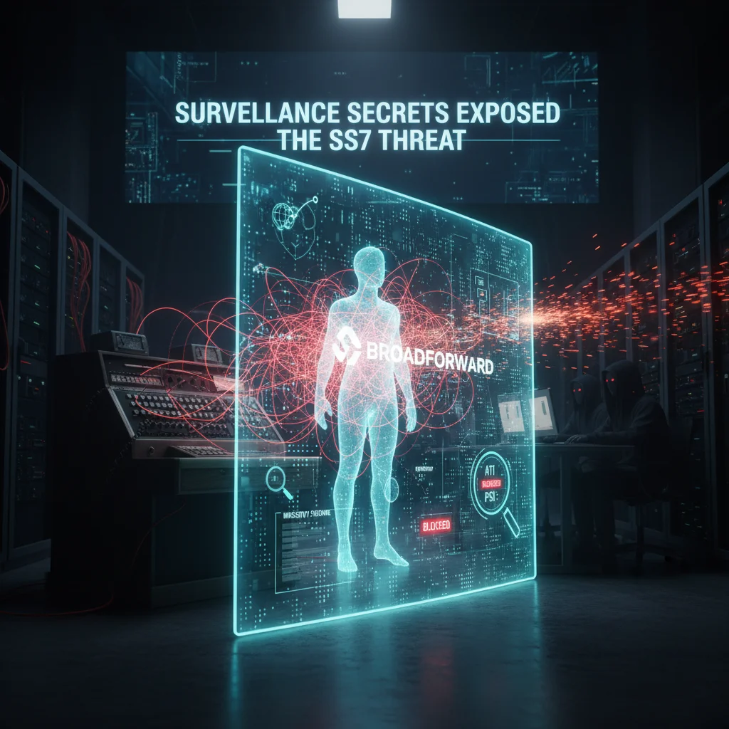 A digital representation of a human figure with the label "BroadForward" is shielded by a firewall, protecting against data threats in a dark server room.