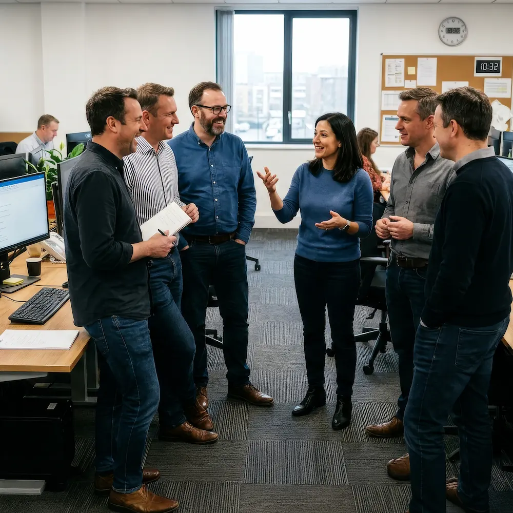 A group of colleagues are having a stand-up meeting in an office setting.