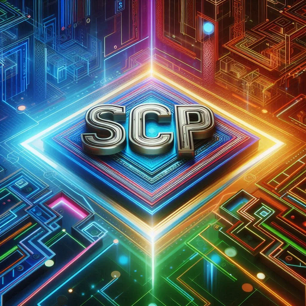 The image features the letters "SCP" in bold 3D text, surrounded by a vibrant and colorful circuit board design.