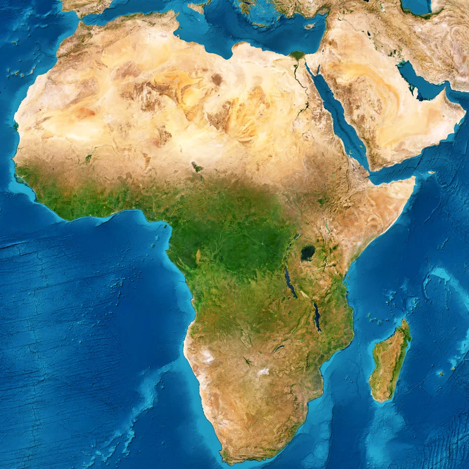 A satellite map showing the Middle East and Africa region.