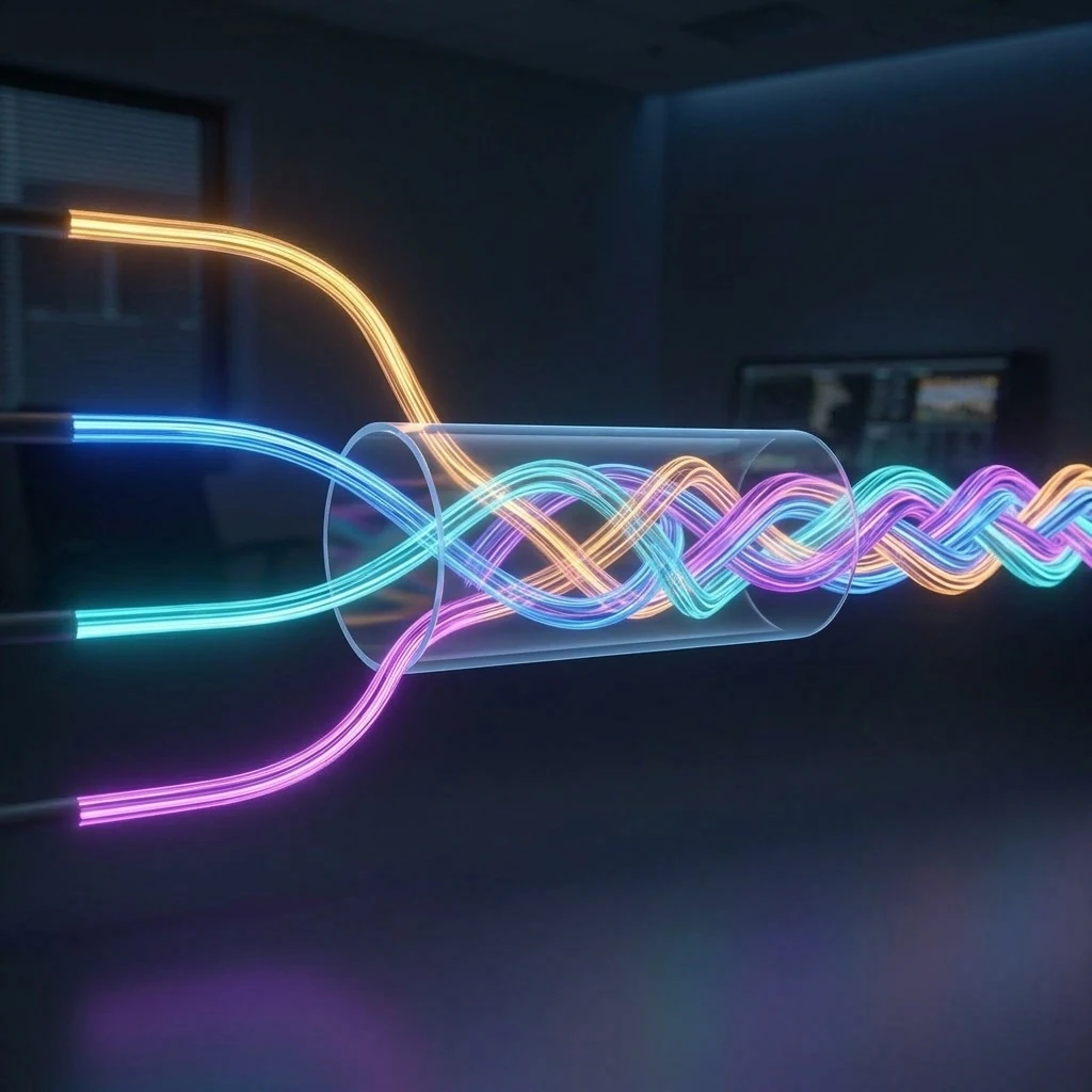 Colorful neon wires interweaving inside a transparent tube, symbolizing connectivity and interworking.