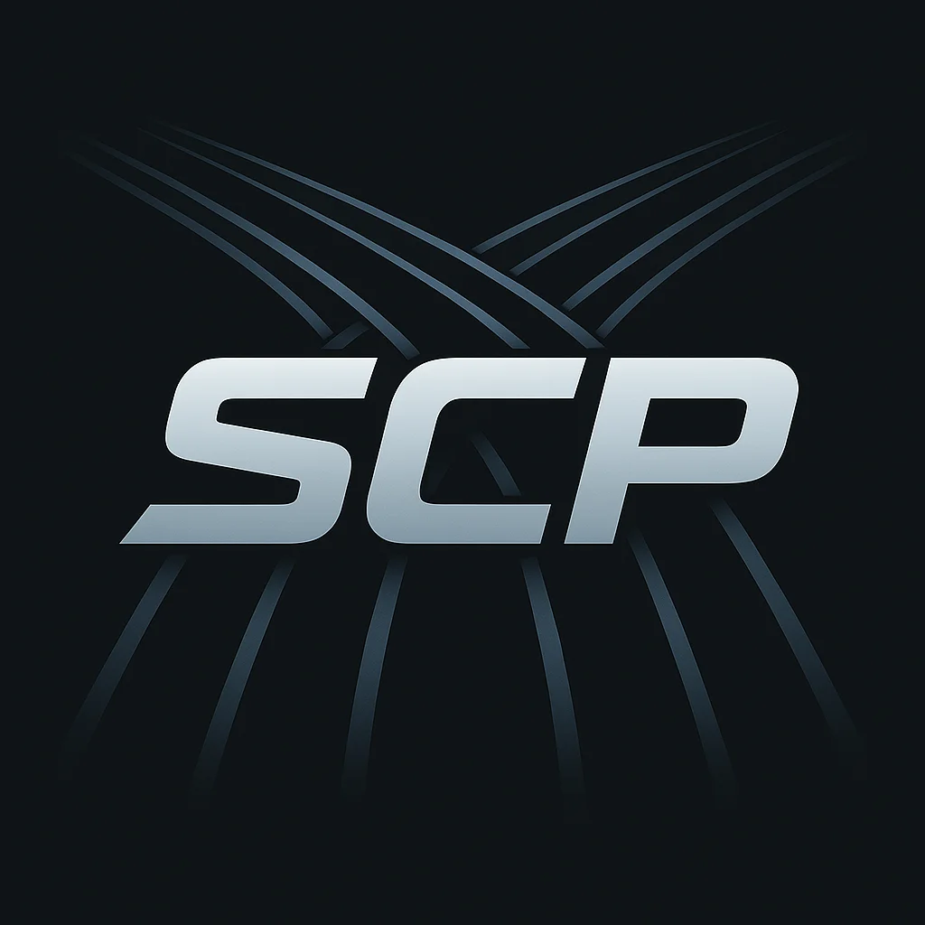 The image features the letters "SCP" in a sleek, metallic font against a dark background.