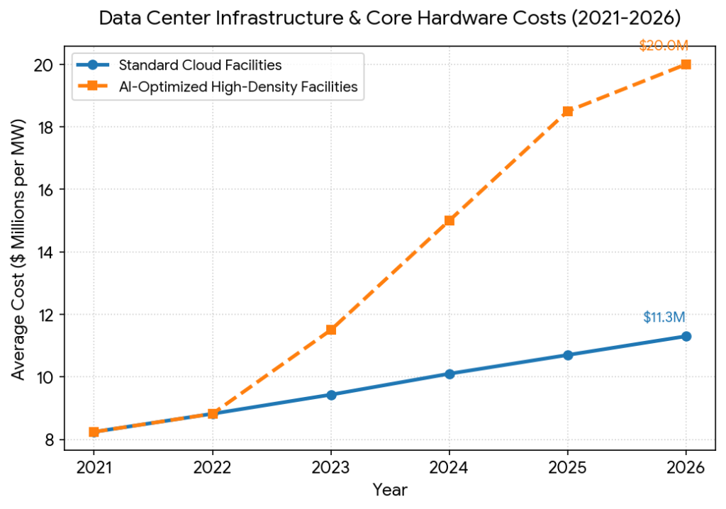 Graph showing the rising costs of data center infrastructure and core hardware from 2021 to 2026, comparing standard cloud facilities with AI-optimized high-density facilities.