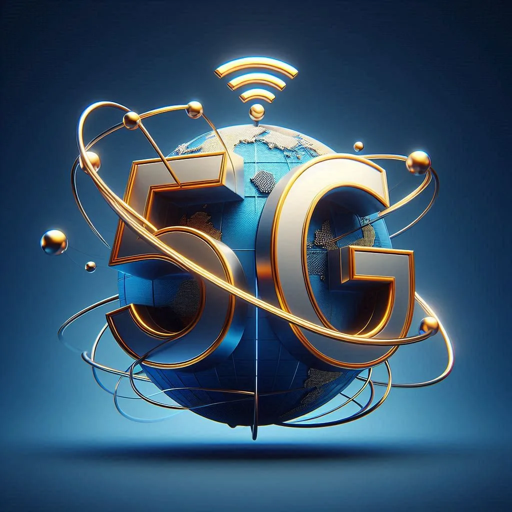 A 3D illustration of a globe with the large golden text "5G" and orbiting lines, symbolizing global connectivity.
