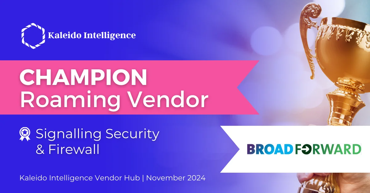 Award announcement for BroadForward as Champion Roaming Vendor in Signalling Security & Firewall by Kaleido Intelligence, November 2024.
