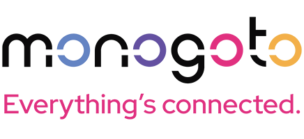 Logo of "monogoto" with the tagline "Everything's connected" in pink text on a transparent background.
