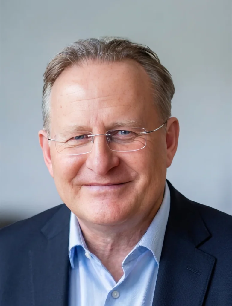 A portrait of a smiling man in a suit and glasses.