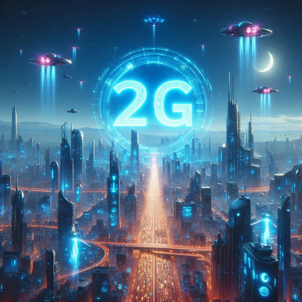 Futuristic cityscape with neon lights, flying saucers, and the text "2G" glowing in the sky.