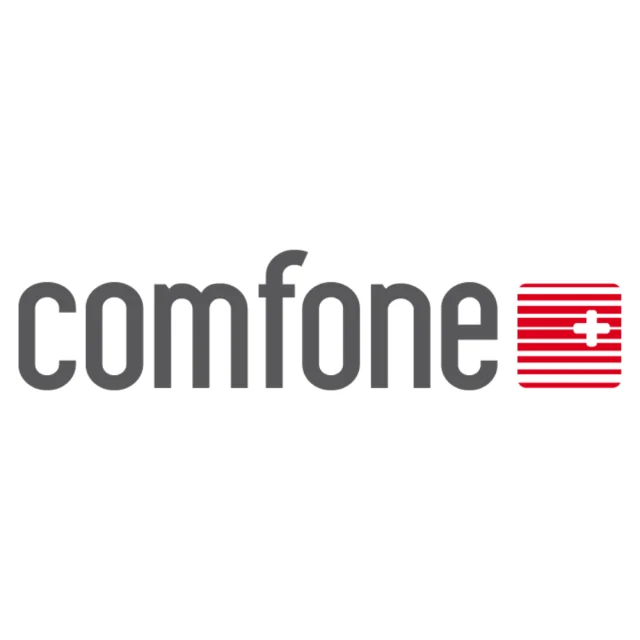 Logo of Comfone with a stylized red and white square design featuring a cross.