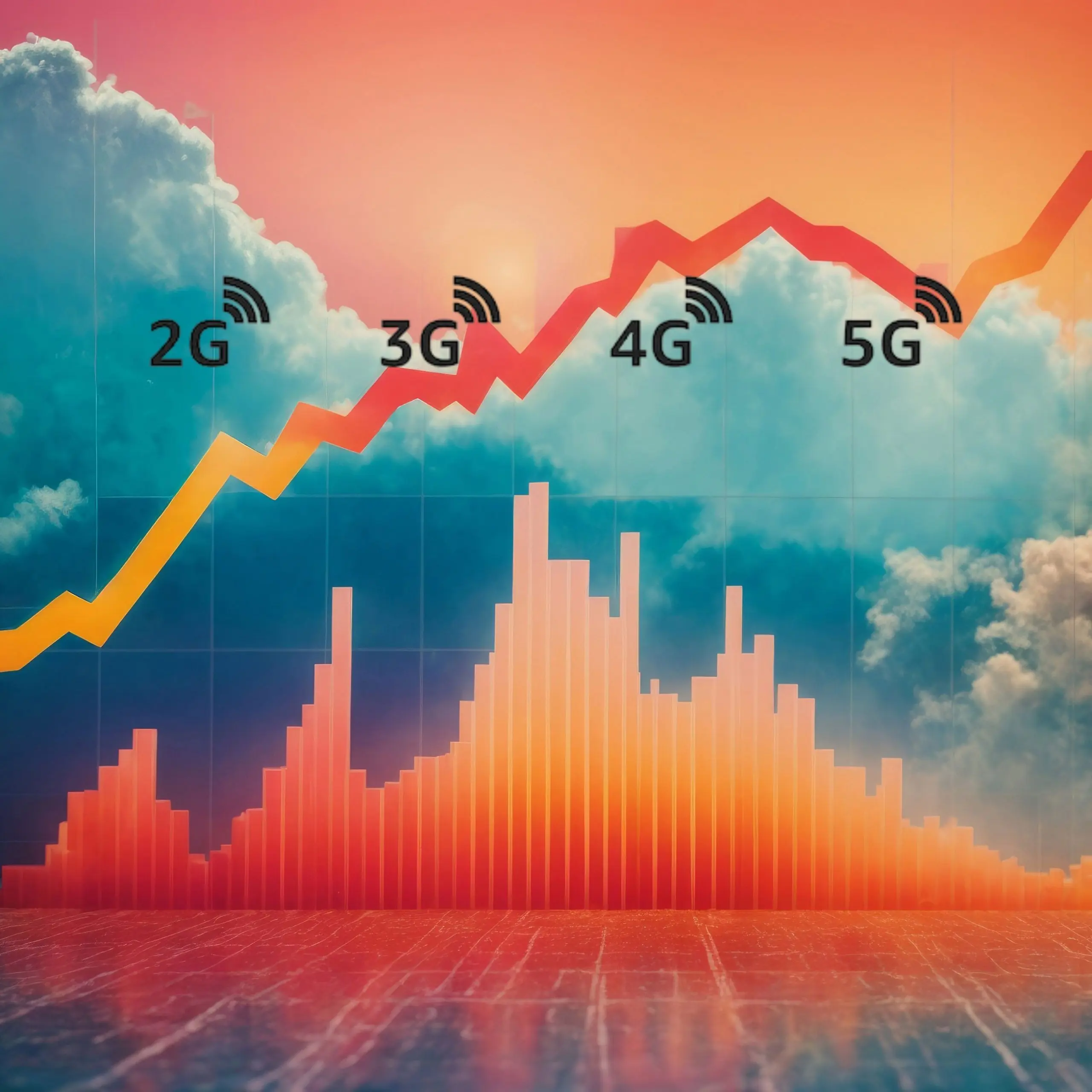 Graph showing the rising costs of 2G, 3G, 4G, and 5G against a backdrop of clouds.