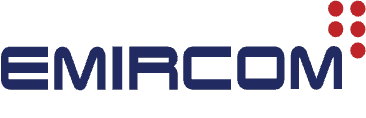 Logo of Emircom with a blue wordmark and a red abstract design element.