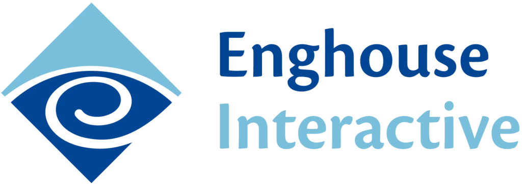 Enghouse Interactive logo with a blue and light blue swirl design.