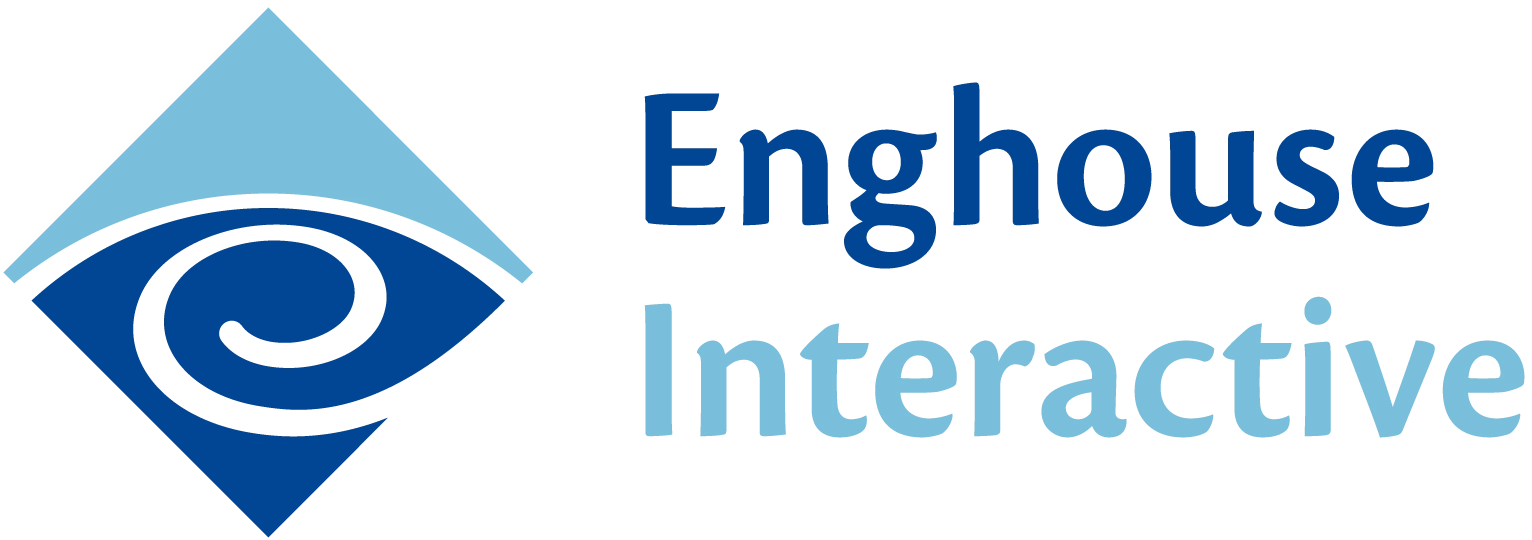 Enghouse Interactive logo with a blue and light blue swirl design.