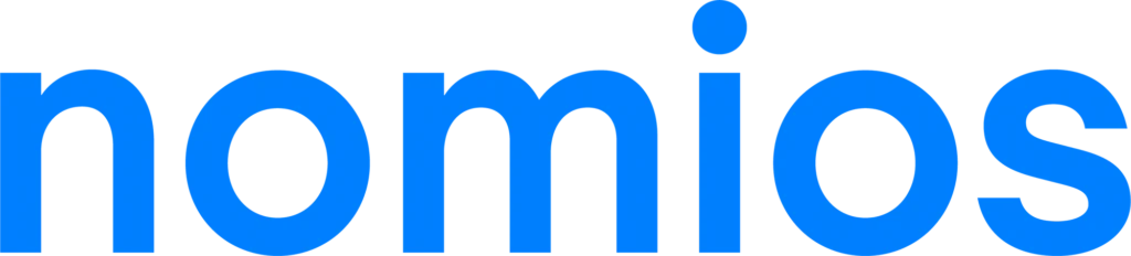 Blue "nomios" logo with stylized dot above the "i".