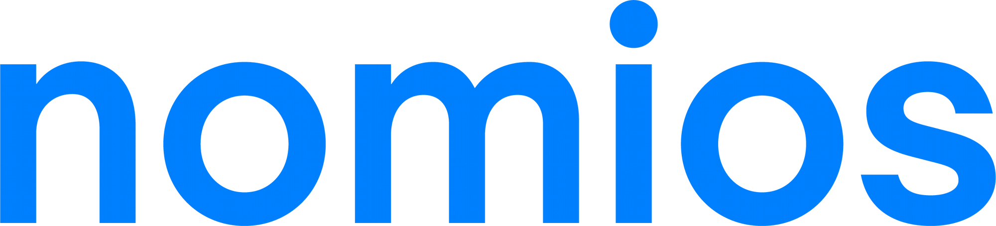 Blue "nomios" logo with stylized dot above the "i".