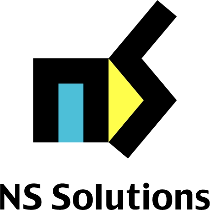 Logo of NS Solutions featuring stylized letters and geometric shapes in black, blue, and yellow.