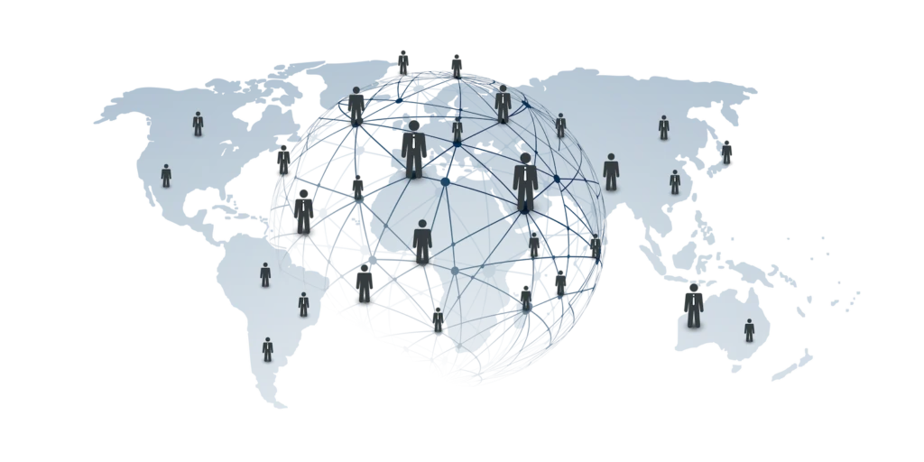 A digital world map with silhouettes connected by a networking globe symbolizing global connectivity.
